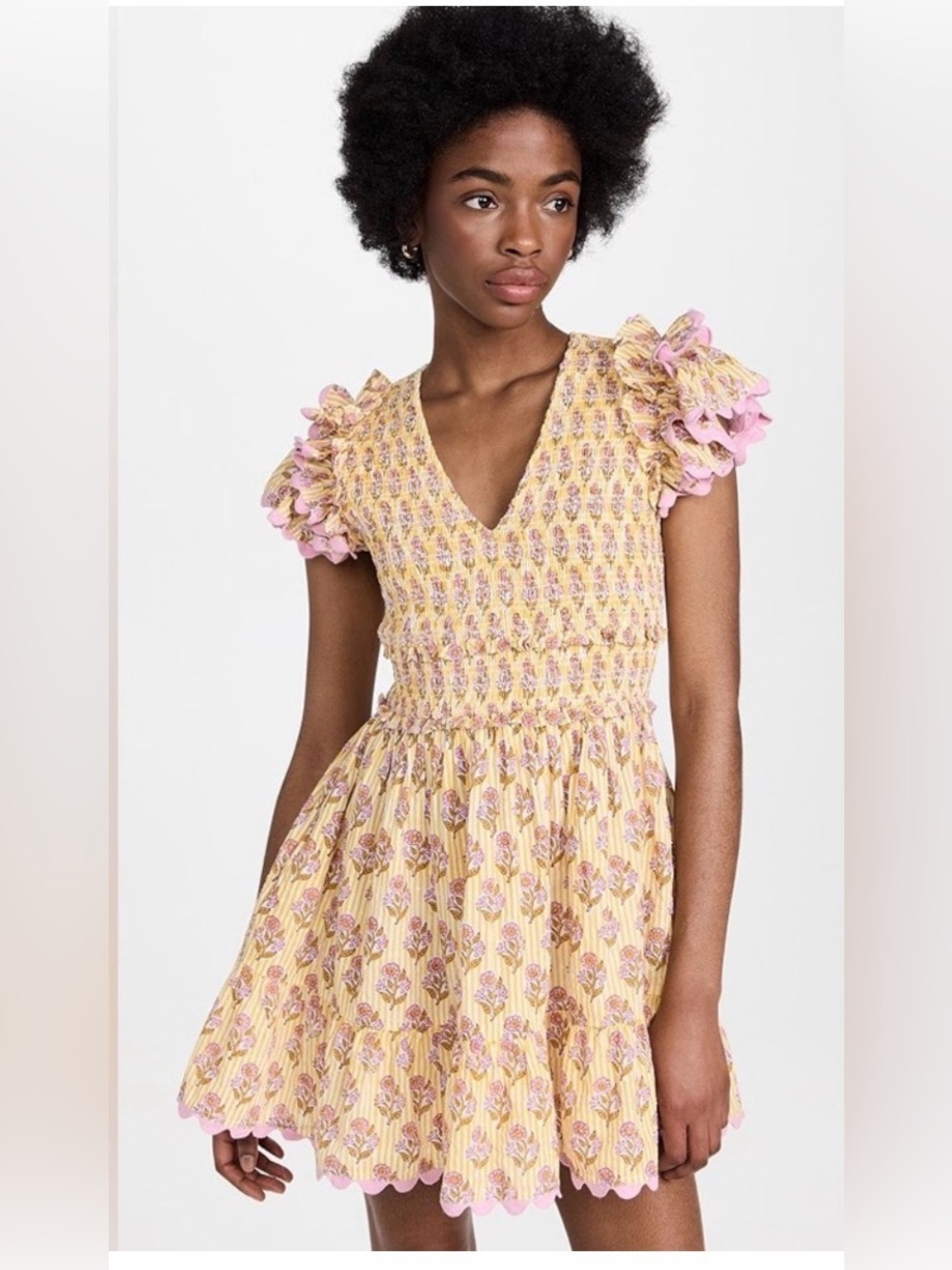 SAYLOR Otessa Smocked Floral Stripe Ruffle Cap Sleeve Cotton Mini Dress M